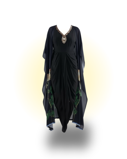 Black Draped Dress & Printed Kaftan Styled Cape