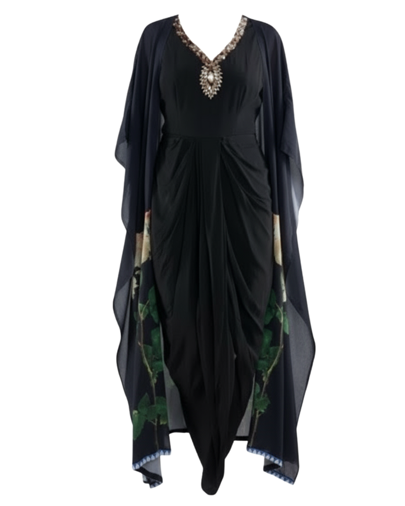 Black Draped Dress & Printed Kaftan Styled Cape
