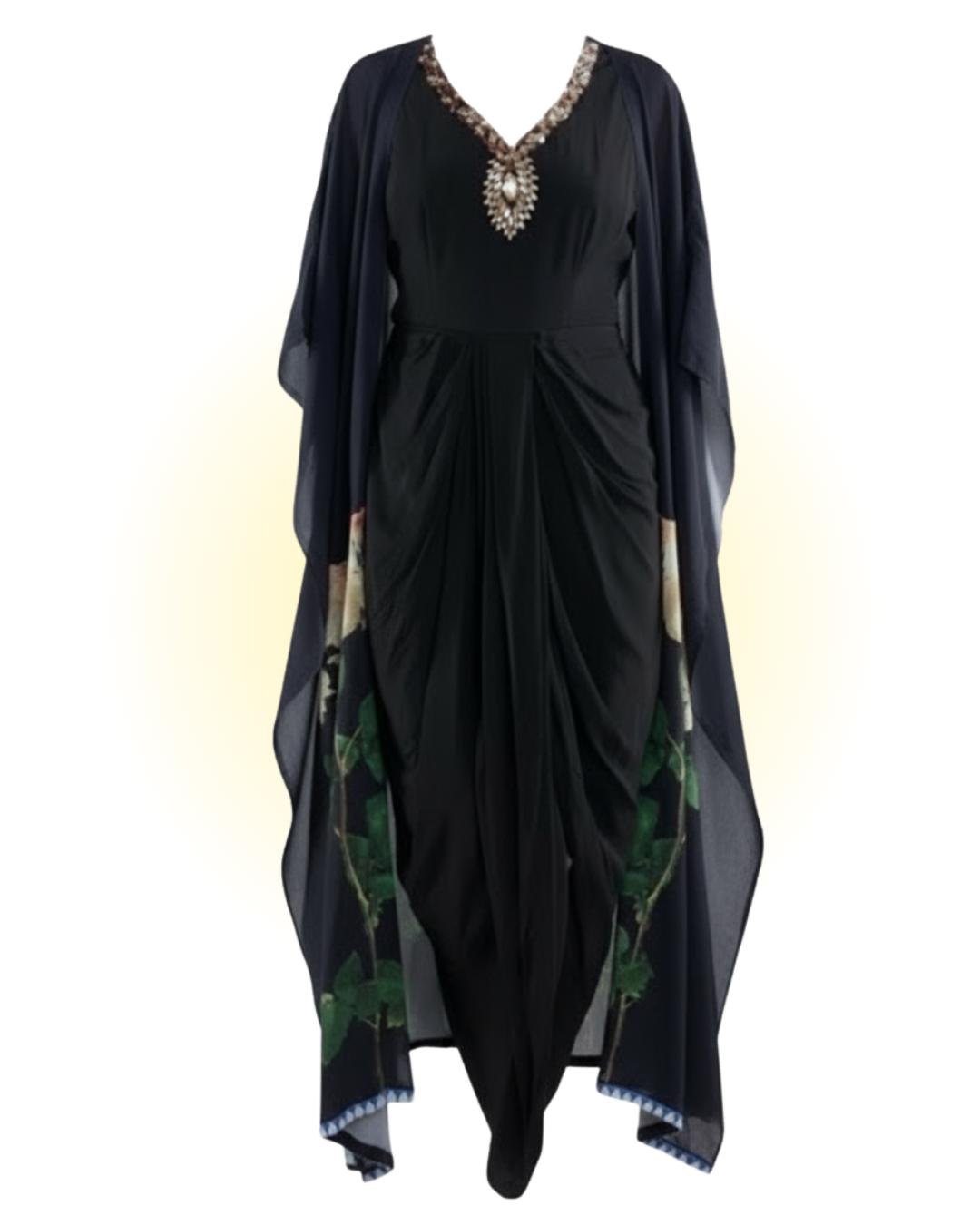Black Draped Dress & Printed Kaftan Styled Cape