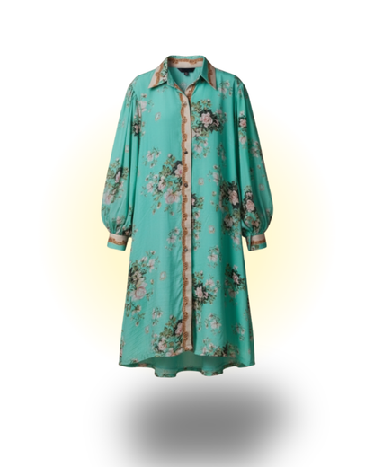 Teal Shirt Dress With Balloon Sleeves
