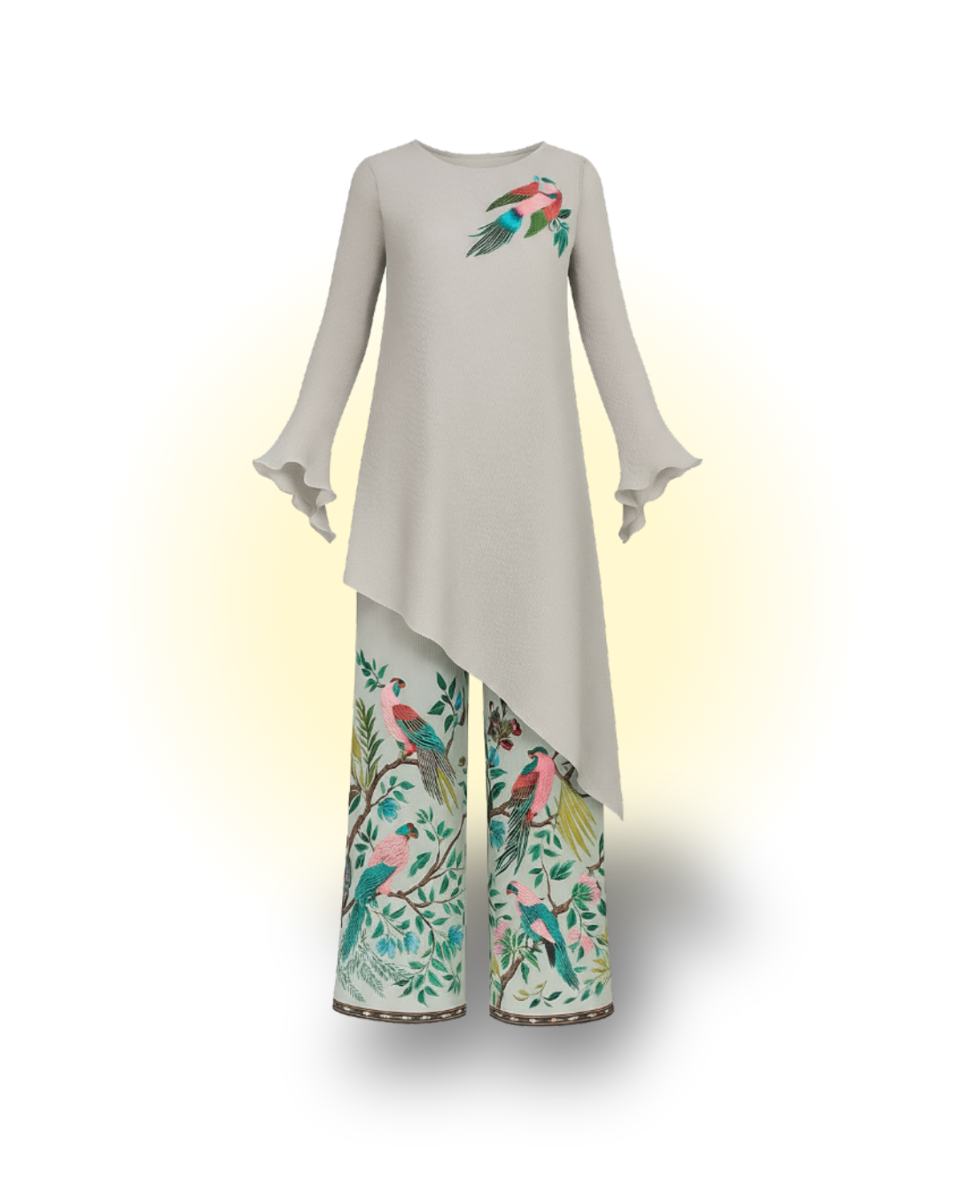 Asymmetrical Micro Pleated Tunic With Printed Relaxed Pants