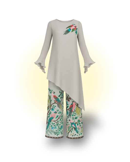 Asymmetrical Micro Pleated Tunic With Printed Relaxed Pants