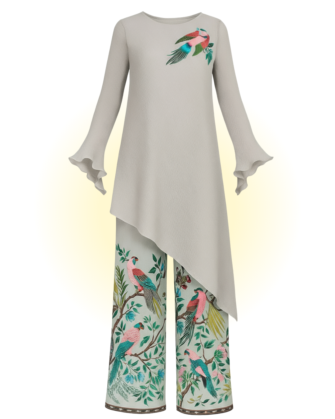 Asymmetrical Micro Pleated Tunic With Printed Relaxed Pants