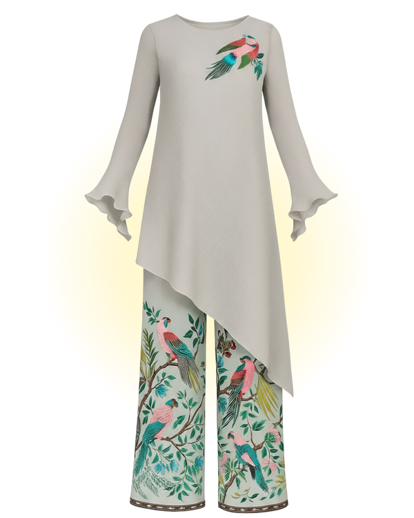 Asymmetrical Micro Pleated Tunic With Printed Relaxed Pants