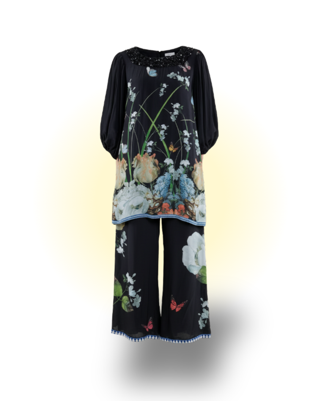 Floral Printed Silk Balloon Sleeve in Black/White/Blue Co-ord Sets