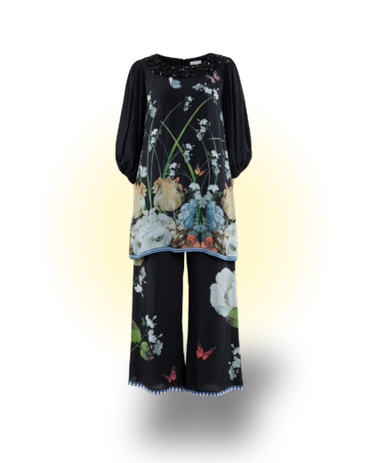 Floral Printed Silk Balloon Sleeve in Black/White/Blue Co-ord Sets