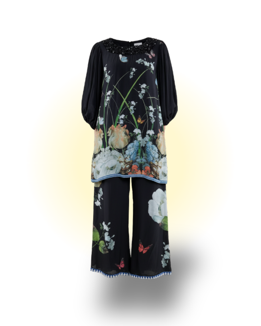 Floral Printed Silk Balloon Sleeve in Black/White/Blue Co-ord Sets