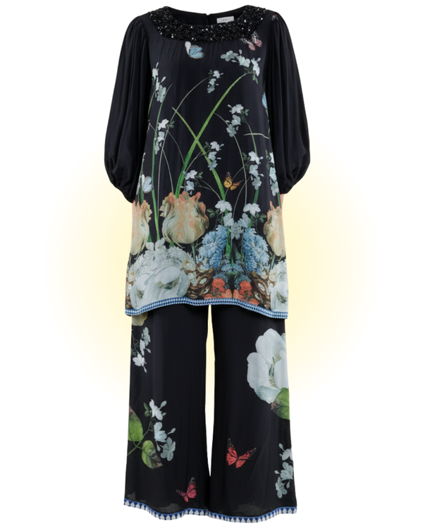 Floral Printed Silk Balloon Sleeve in Black/White/Blue Co-ord Sets