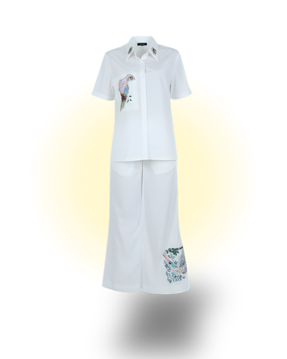 Bird Embroidered White Shirt Dress