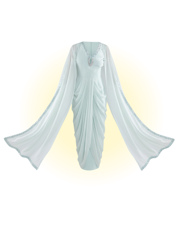 Embroidered Dress in Sky Blue/ Peach/ Aqua Blue  colours With Ruched Cape