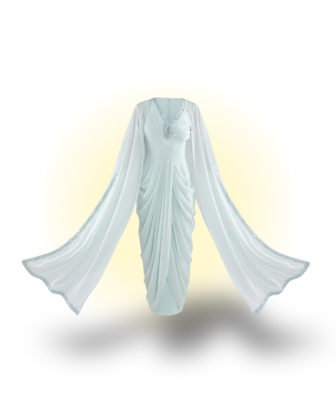 Embroidered Dress in Sky Blue/ Peach/ Aqua Blue  colours With Ruched Cape