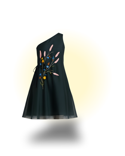 Waist embroidered Tie-up One-shoulder dress