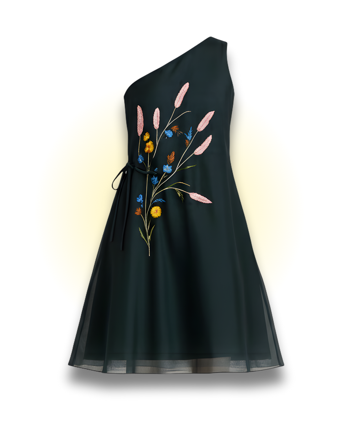 Waist embroidered Tie-up One-shoulder dress