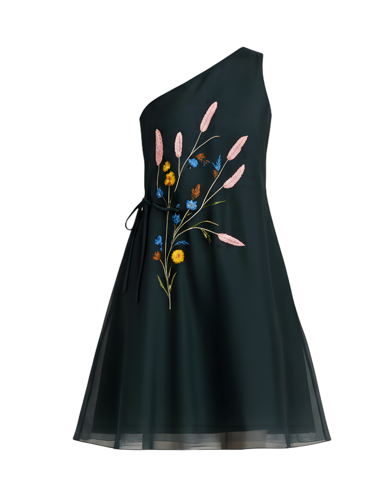 Waist embroidered Tie-up One-shoulder dress